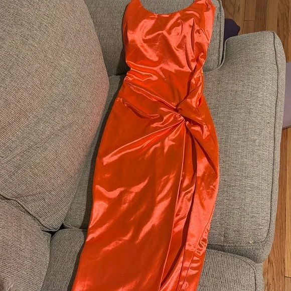 strapless open back dress Sunset Red Timeless Form Ruched Midi Dress
